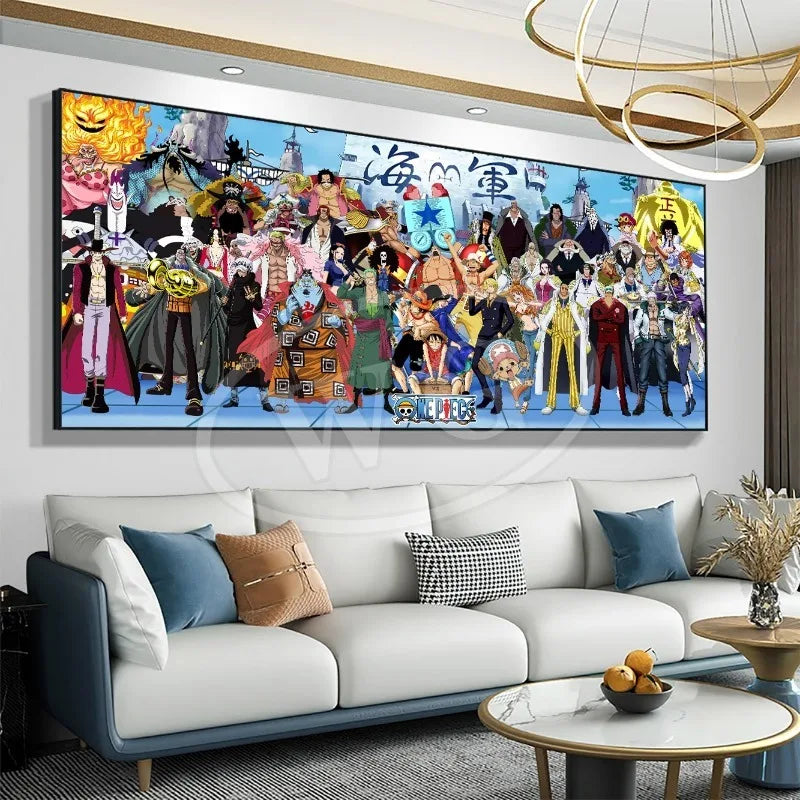 One Piece Decorative Painting featuring a vibrant mural of popular characters in a stylish living room setting.