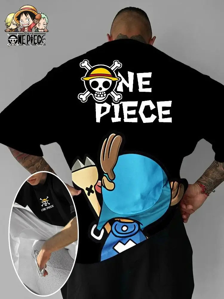 A fashionable One Piece Graphic T-Shirt in an oversized streetwear fit, featuring a high-quality anime print of Monkey D. Luffy and Roronoa Zoro.