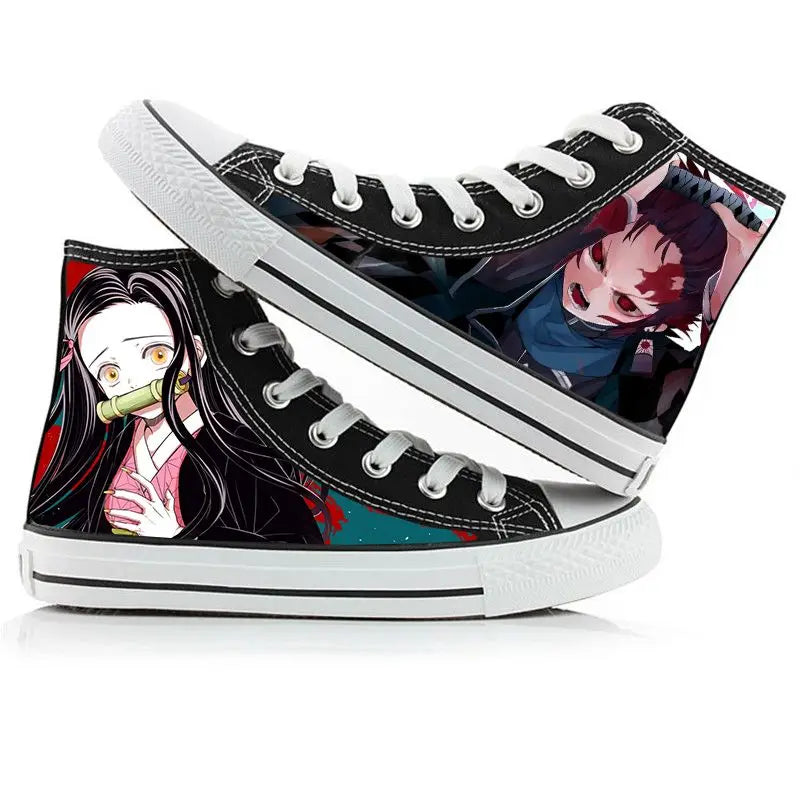 A pair of kawaii Anime Demon Slayer Canvas Shoes in a hand-painted high-top sneaker style for boys and girls.