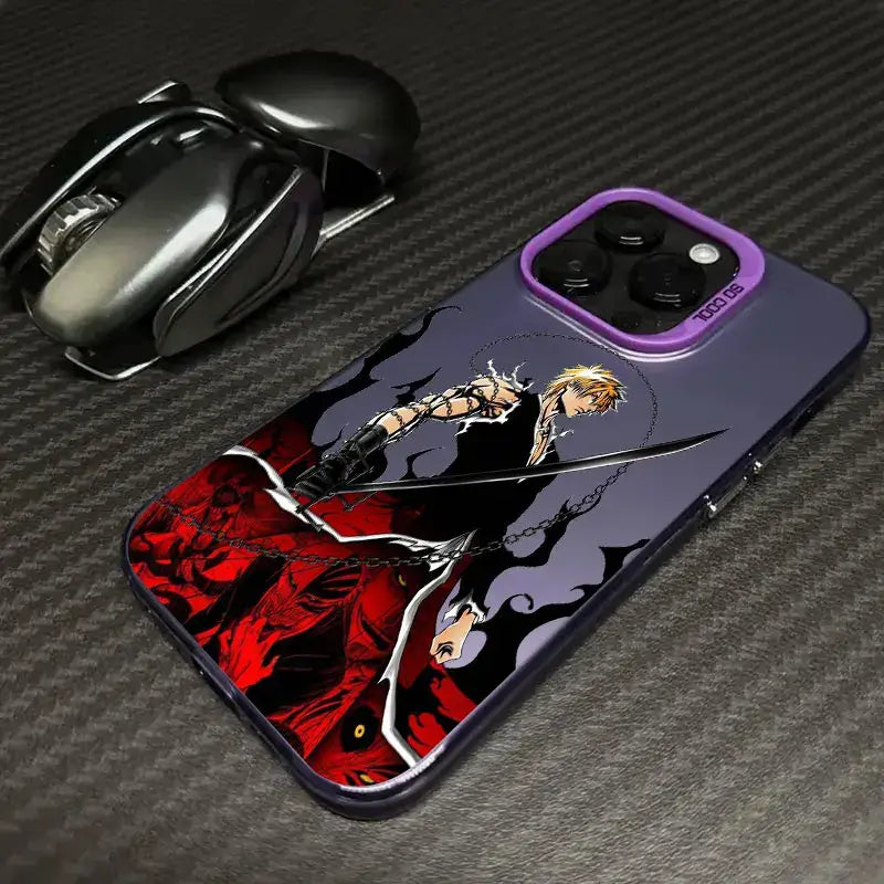 A shockproof Bleach Anime Phone Case featuring Ichigo Kurosaki and Rukia Kuchiki anime art, compatible with Apple iPhone 16e, 16, 15, and 14 Pro Max.