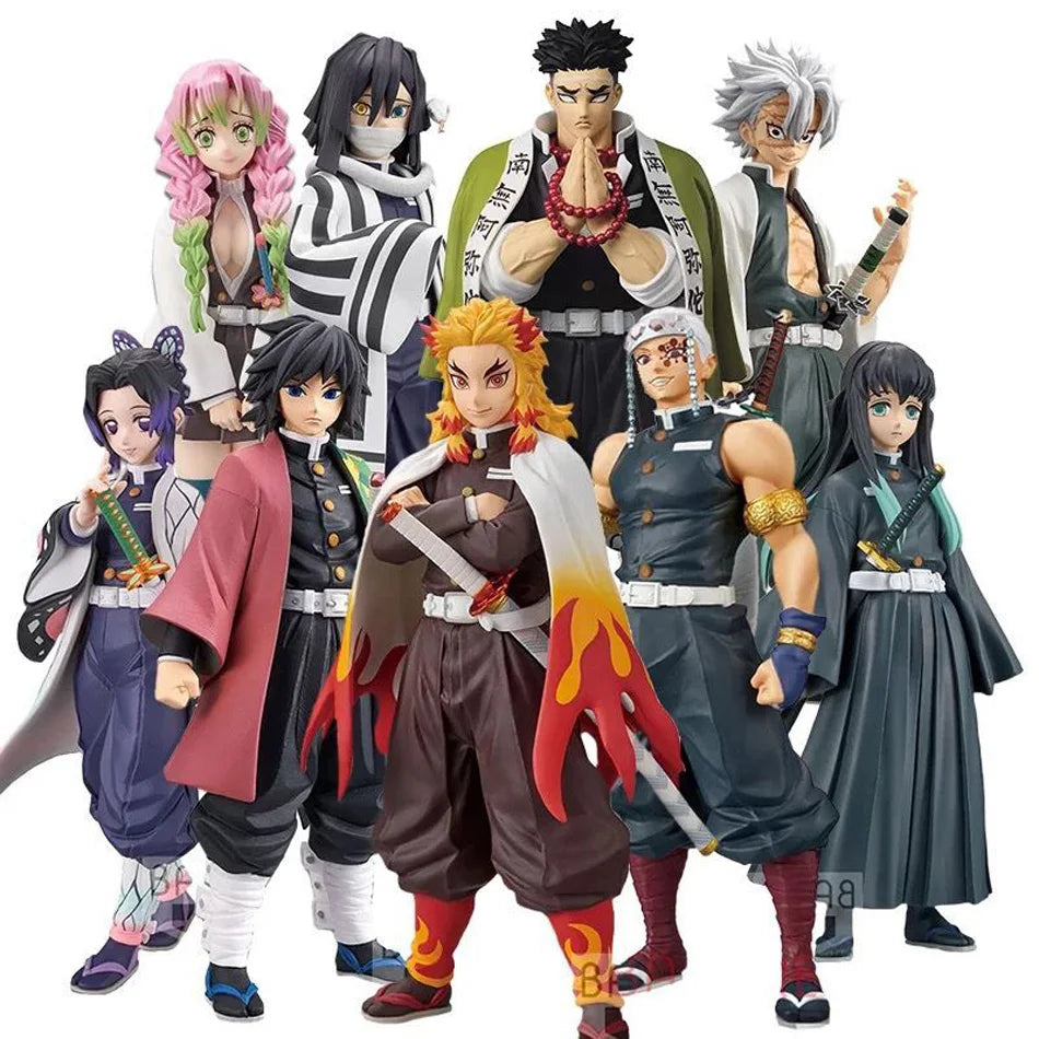 A high-quality Demon Slayer Action Figure PVC model collection featuring Kamado Tanjirou, Agatsuma Zenitsu, and Nezuko in dynamic warrior poses.