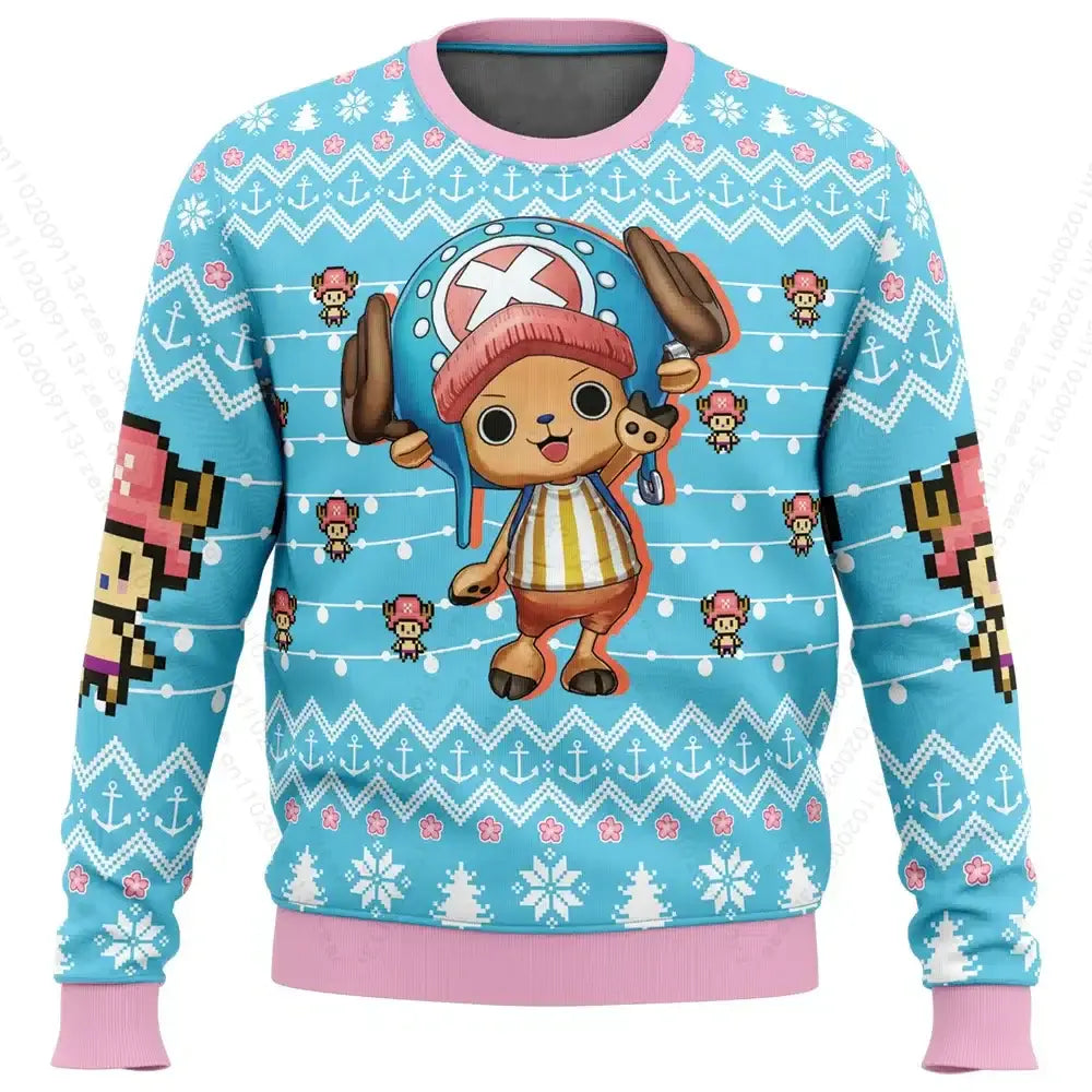 A casual cartoon Tony Tony Chopper Sweatshirt, perfect as a One Piece Christmas cosplay pullover for men and kids.