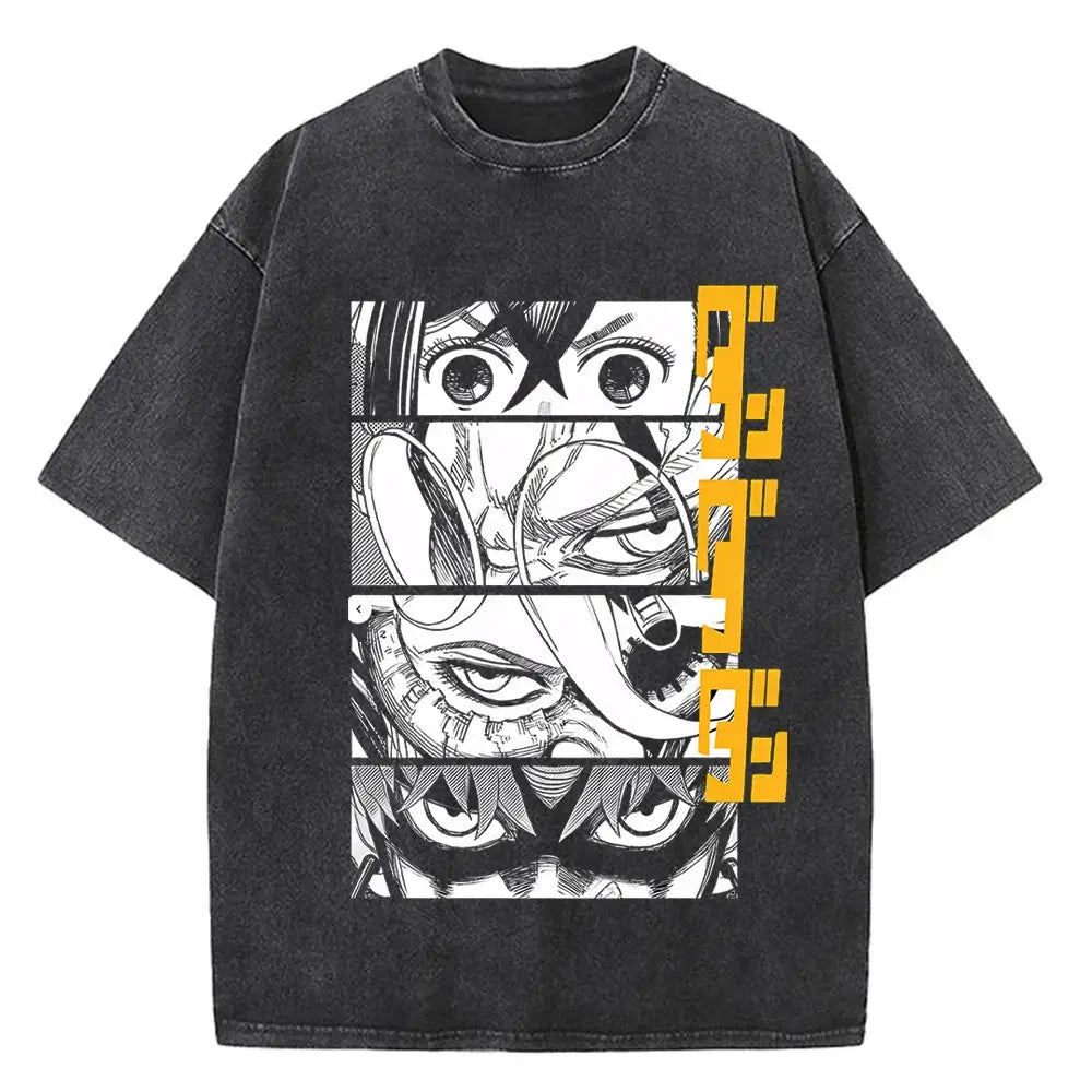 A high-quality cotton men's Dandadan Okarun T-shirt with a Japanese anime cartoon print and aesthetic fashion design.