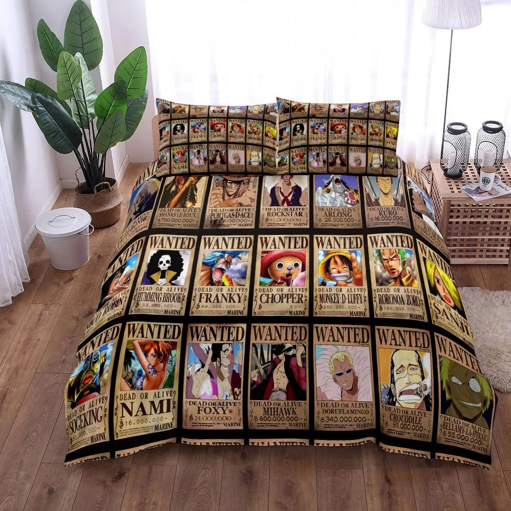 A vibrant One Piece Bedding Set featuring Monkey D. Luffy anime art on a duvet cover and pillowcase, designed for children's bedroom decor.