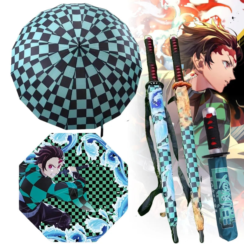 A black Tanjiro Katana Umbrella featuring a replica Nichirin sword handle and UV blocking canopy, inspired by the Demon Slayer anime.