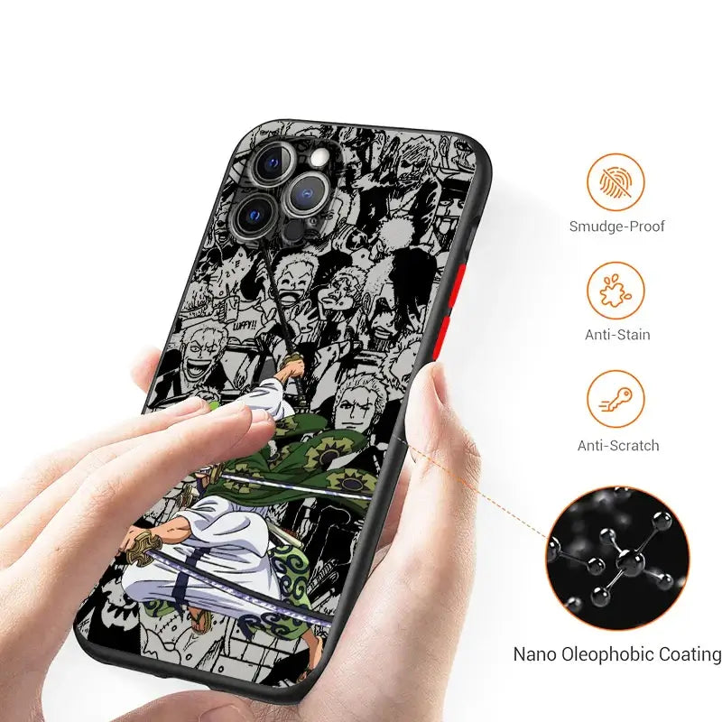 A luxury One Piece iPhone Case with frosted translucent finish and anime art, fitted for Apple iPhone 15, 14, and 13 Pro Max.