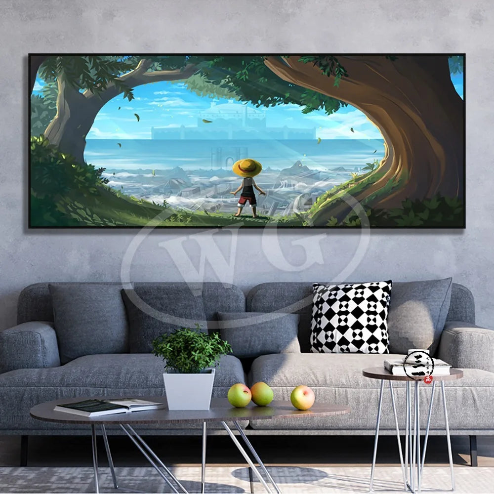 A high-quality One Piece decorative painting featuring Monkey D. Luffy, Roronoa Zoro, and Portgas D. Ace as a sofa background wall hanging.