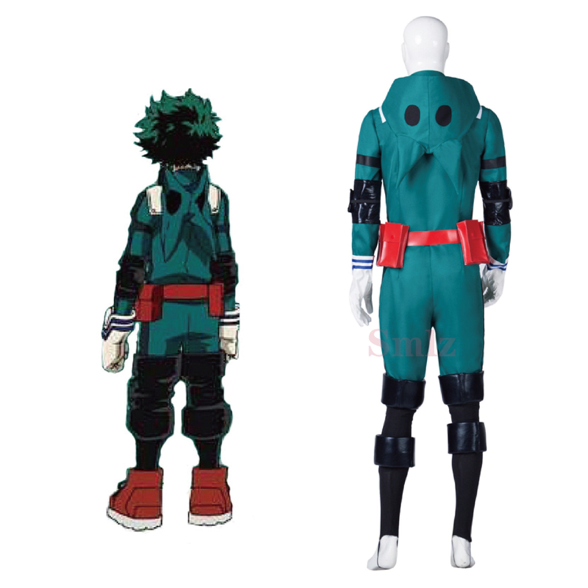 A complete unisex Anime My Hero Academia Midoriya Izuku Deku Battle Cosplay Costume set, with the green Halloween wig hair.