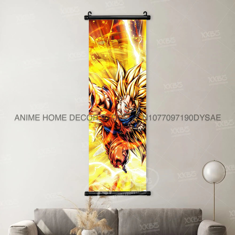 High-definition Dragon Ball Posters hanging scroll wall art featuring Son Goku, Vegeta, and Frieza printed on canvas for home decor.