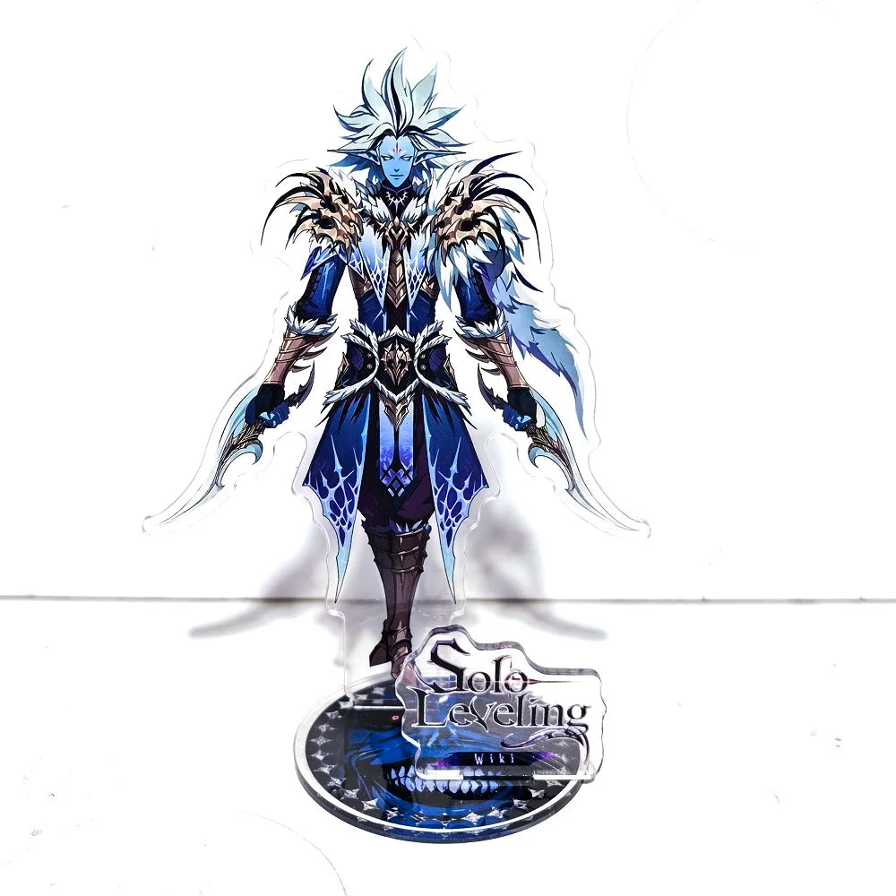 A high-definition 15cm Solo Leveling Acrylic Stand featuring Sung Jinwoo, Sung Jin Ah, and Yoo Jin Ho anime action figures for desk decoration.
