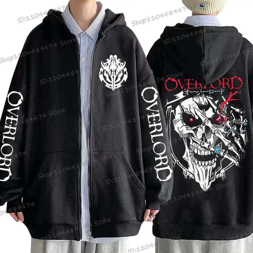 A unisex Japan Anime Overlord Horror Skull Hooded Shirt with a zip-up front, featuring a horror skull print in a Harajuku streetwear style.