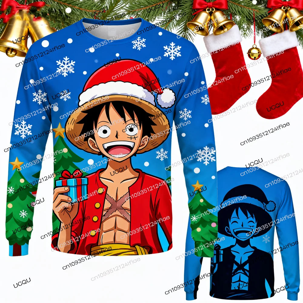 A festive Luffy Christmas Long Sleeve t-shirt featuring One Piece anime art, designed as a holiday gift for men, women, and kids.