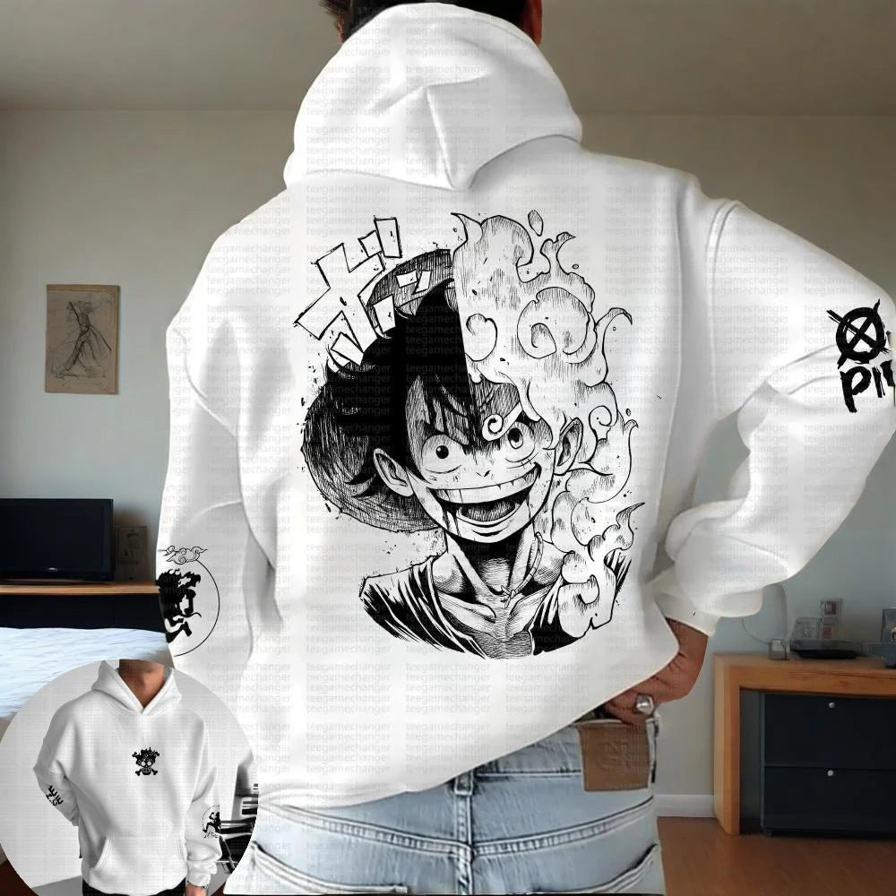 The 2025 Trend One Piece Luffy Hooded Sweater, a loose casual jacket for lovers with an anime print.