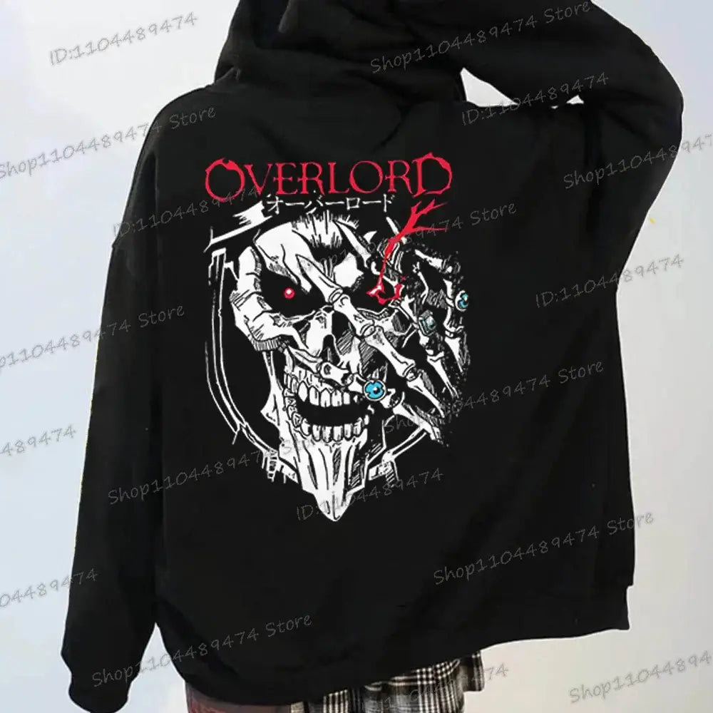 A unisex Japan Anime Overlord Horror Skull Hooded Shirt with a zip-up front, featuring a horror skull print in a Harajuku streetwear style.