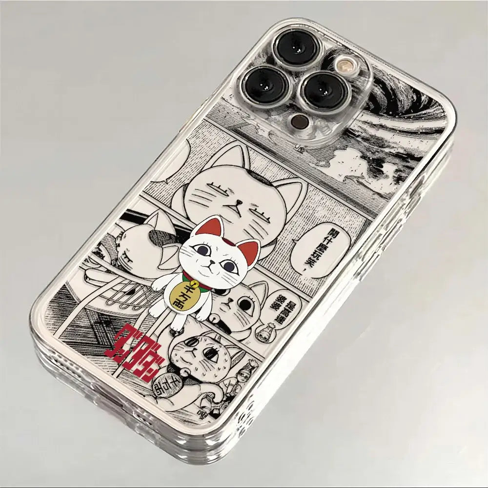 A transparent soft TPU Dandadan Phone Case featuring cute anime art of Okarun and Momo Ayase, compatible with Apple iPhone 16e, 15, and 14 Pro Max.