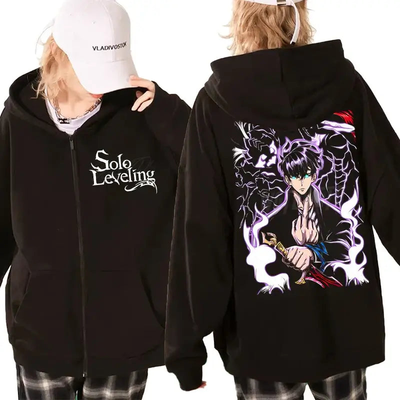 A unisex Solo Leveling Graphic Hoodie with a Sung Jin Woo print, shown in a cool streetwear style.
