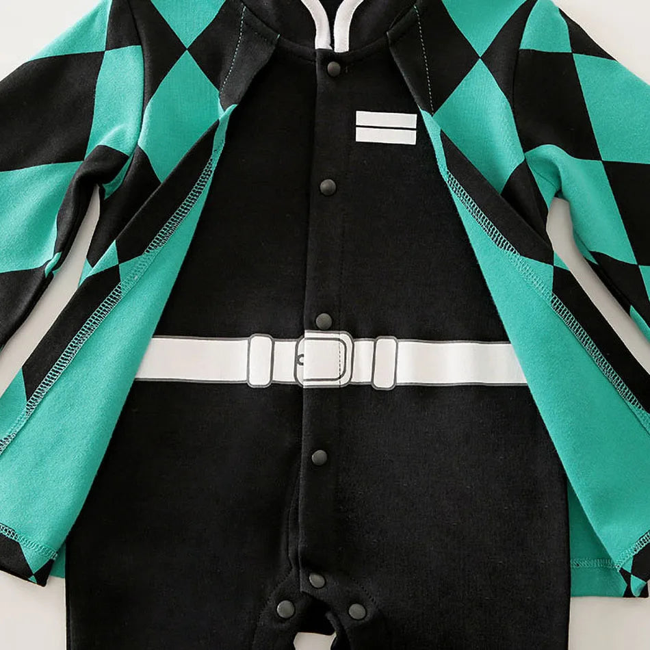 A newborn infant wearing one of the Anime Baby Rompers, a cosplay costume available in Akatsuki, Nezuko, and Tanjirou styles.