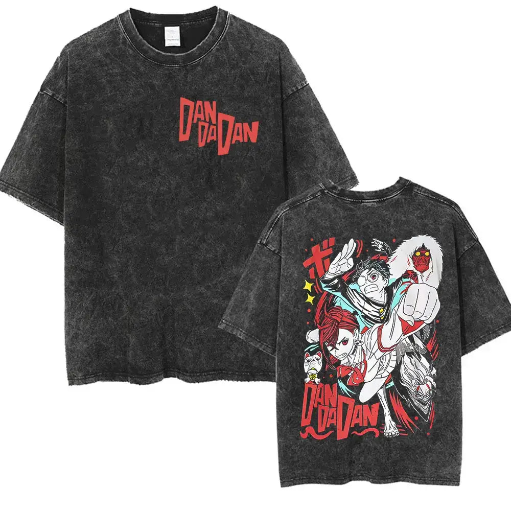 A unisex vintage washed Japan Anime Dandadan Okarun Graphic T Shirt made from high-quality cotton for streetwear fashion.