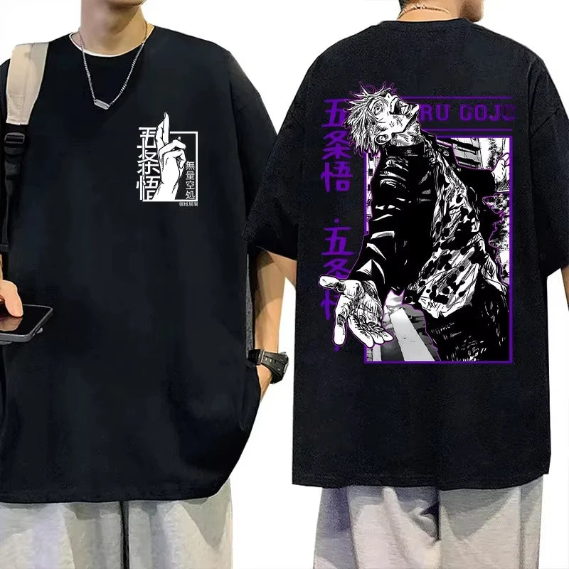 A loose-fit Gojo Satoru T-Shirt made of soft cotton, featuring a stylish Harajuku anime graphic for men and women.
