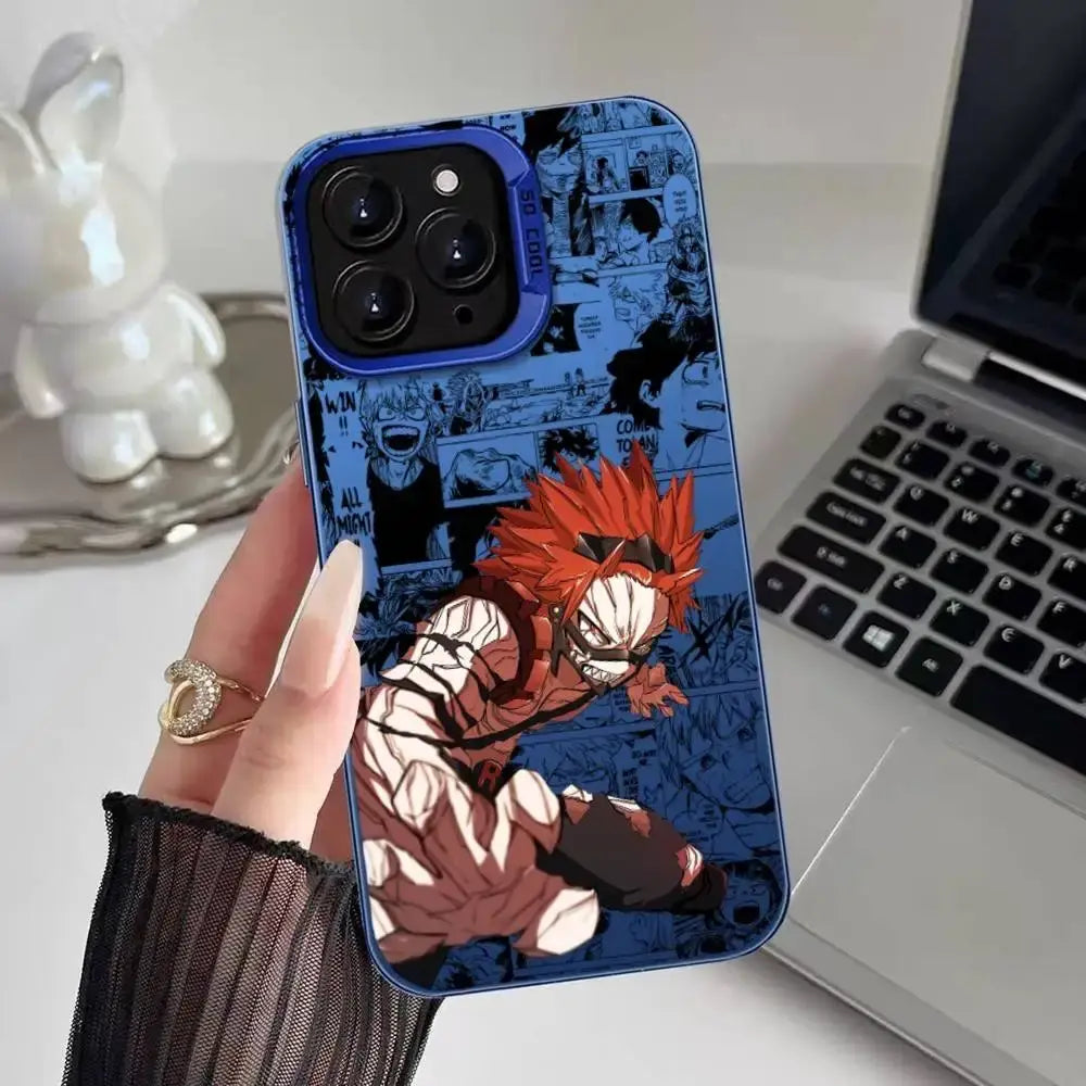 A shockproof Eijiro Kirishima Phone Case featuring a multicolor aurora laser finish and Red Riot anime art, compatible with Apple iPhone 16, 15, and 14 Pro Max.