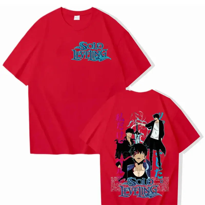 A cool black Solo Leveling T-shirt made of cotton, featuring a high-definition Sung Jinwoo anime graphic in Harajuku street style for men and women.
