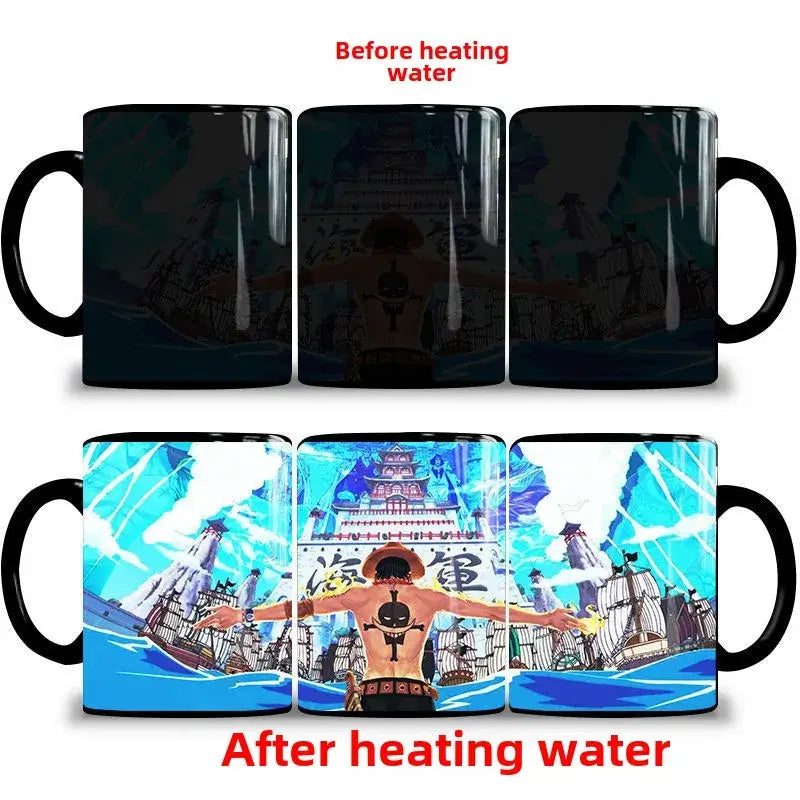 A ceramic One Piece Color Changing Mug revealing Gear 5 Nika Luffy and Fire Fist Ace artwork when filled with hot liquid.