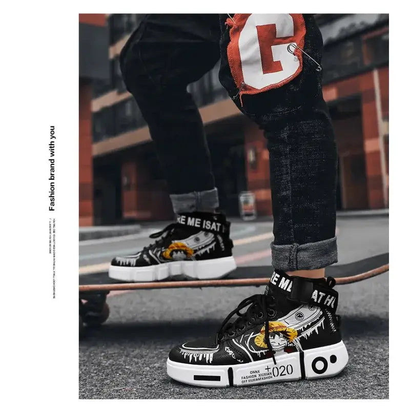 A pair of Anime One Piece Luffy High Top Shoes featuring Roronoa Zoro, designed as breathable, non-slip leisure sports sneakers for men and women.