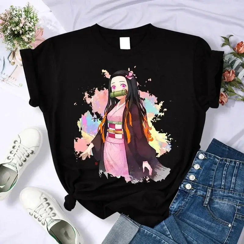 A Demon Slayer T Shirt for Women, a female Kimetsu No Yaiba graphic tee with a Nezuko and Tanjirou Kamado print.