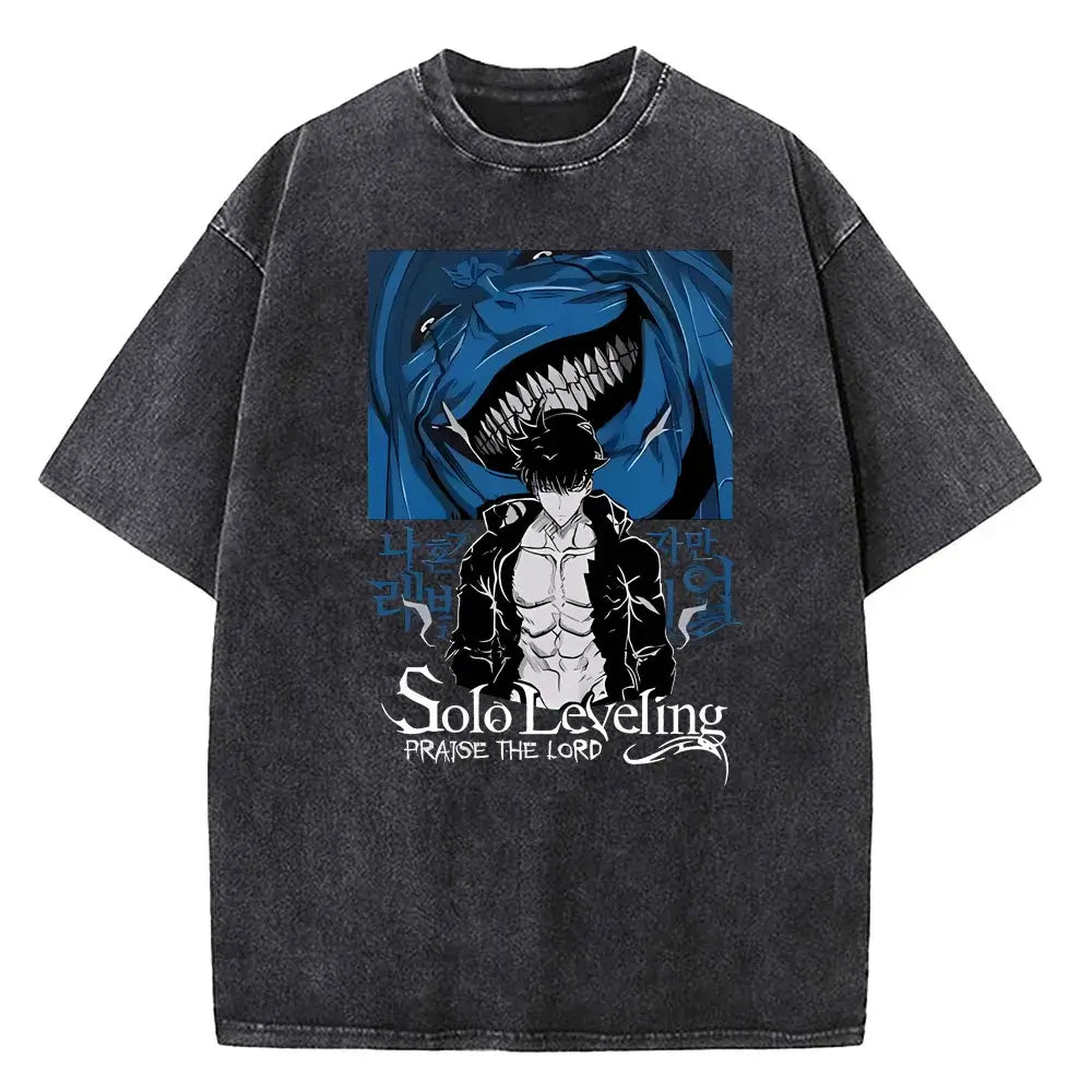 A vintage-style Solo Leveling Vintage T-shirt made of washed black cotton featuring a Sung Jinwoo graphic print, designed as Harajuku streetwear.