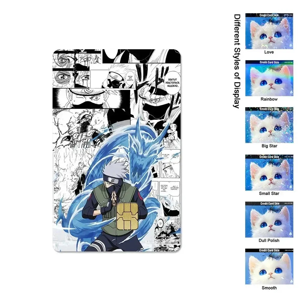 A waterproof Naruto Credit Card Skin PVC sticker featuring Uchiha Sasuke anime art applied to a standard debit bank card.