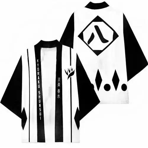 A stylish Bleach Cosplay Kimono cardigan featuring Kurosaki Ichigo and Kenpachi Zaraki designs, functioning as a Haori cloak for parties and cosplay.
