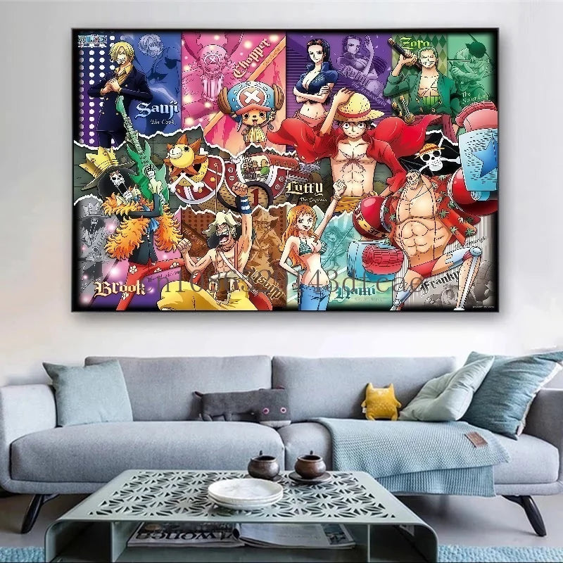 A high-definition One Piece Canvas Painting featuring Monkey D. Luffy in a watercolor art style, hanging on a modern living room wall.