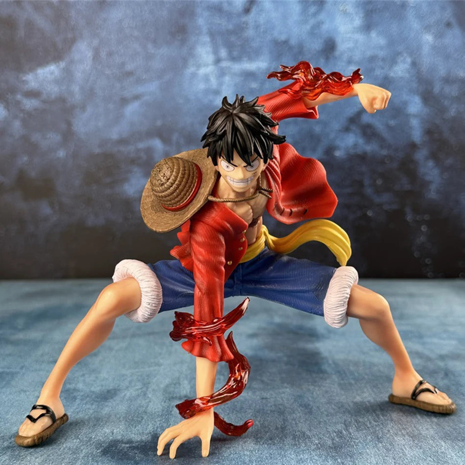 A detailed 20cm One Piece Luffy Figures statue showing Monkey D. Luffy in a dynamic battle style pose, made of PVC for anime collections.
