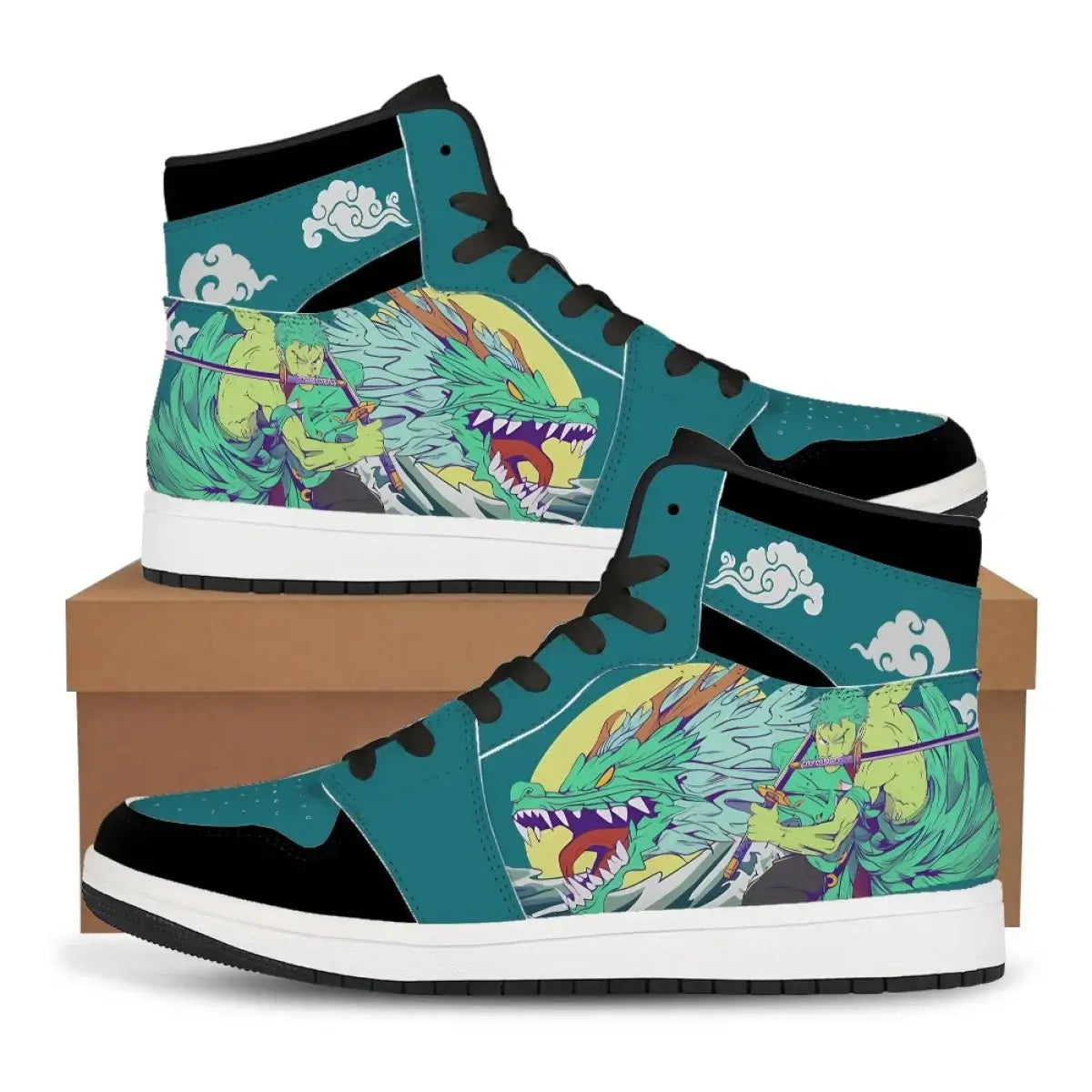 A pair of custom One Piece Basketball Shoes featuring anime designs of Luffy and Zoro, suitable as unisex sneakers.