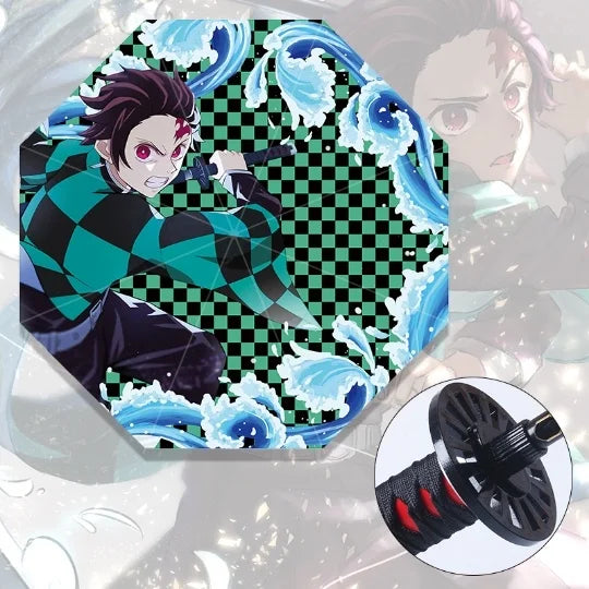 A black Tanjiro Katana Umbrella featuring a replica Nichirin sword handle and UV blocking canopy, inspired by the Demon Slayer anime.