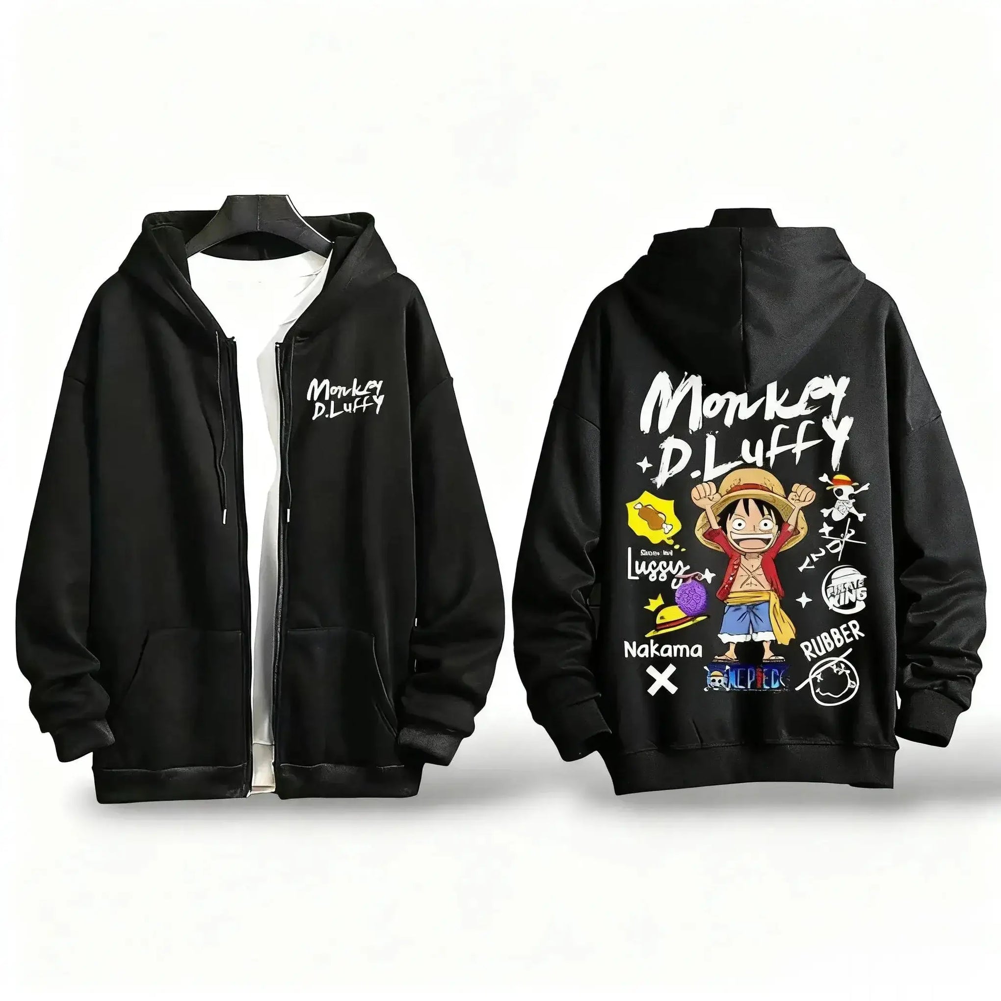A loose casual One Piece Luffy Anime Hooded Jacket with a graphic print, suitable as a streetwear fashion coat for men and women.