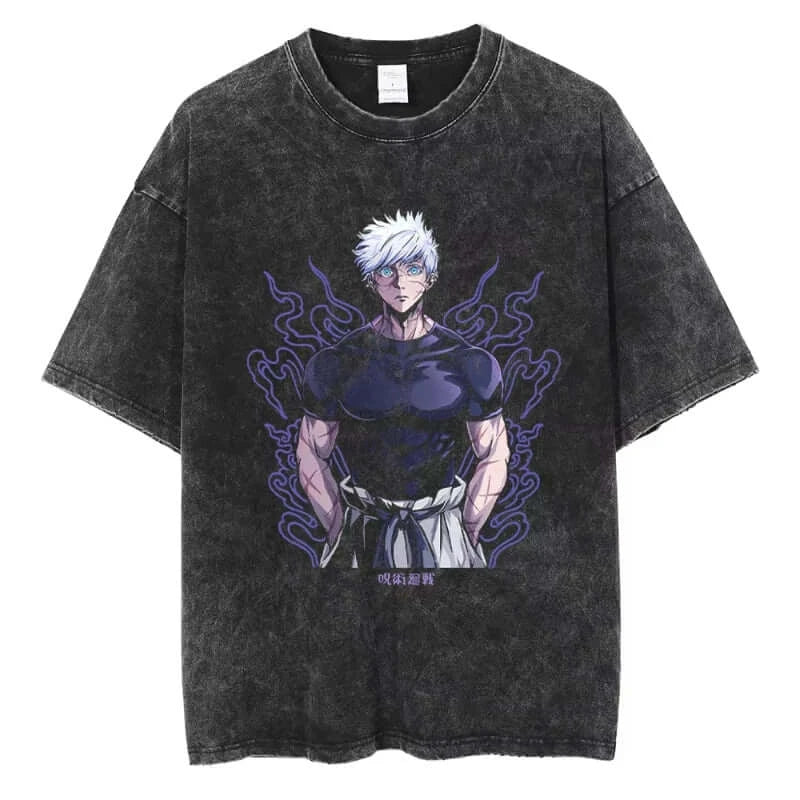 A vintage-style Ryomen Sukuna Washed T-Shirt in oversized cotton, featuring a high-definition graphic of the King of Curses for anime streetwear.