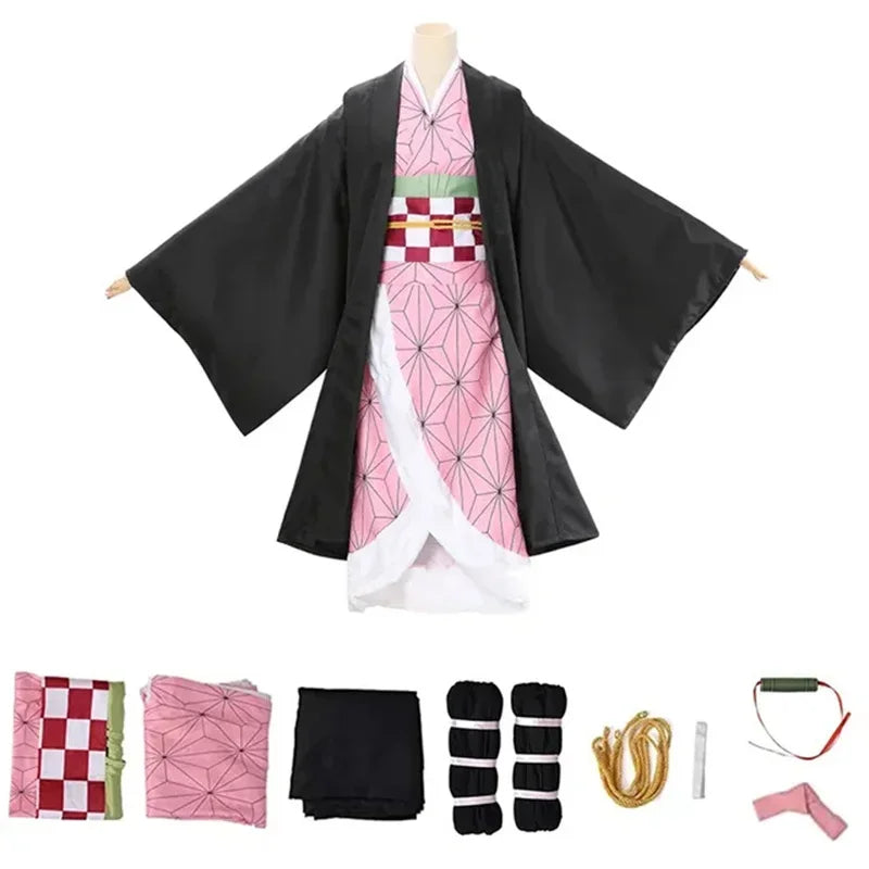 A complete Nezuko Kamado Cosplay Costume featuring the pink hemp-leaf pattern kimono and bamboo muzzle prop for adult Halloween parties.