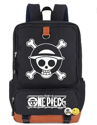 A large, unisex One Piece Luffy Printed Unisex Backpack suitable for school and travel, with compartments for a laptop and iPad.