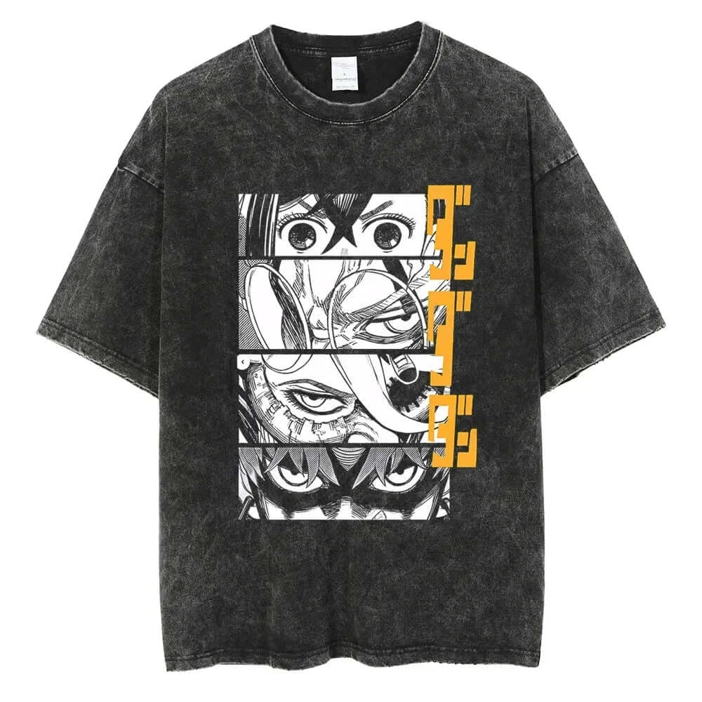 An oversized Anime Dandadan Ken Takakura T-shirt with a washed vintage print of Okarun for men.