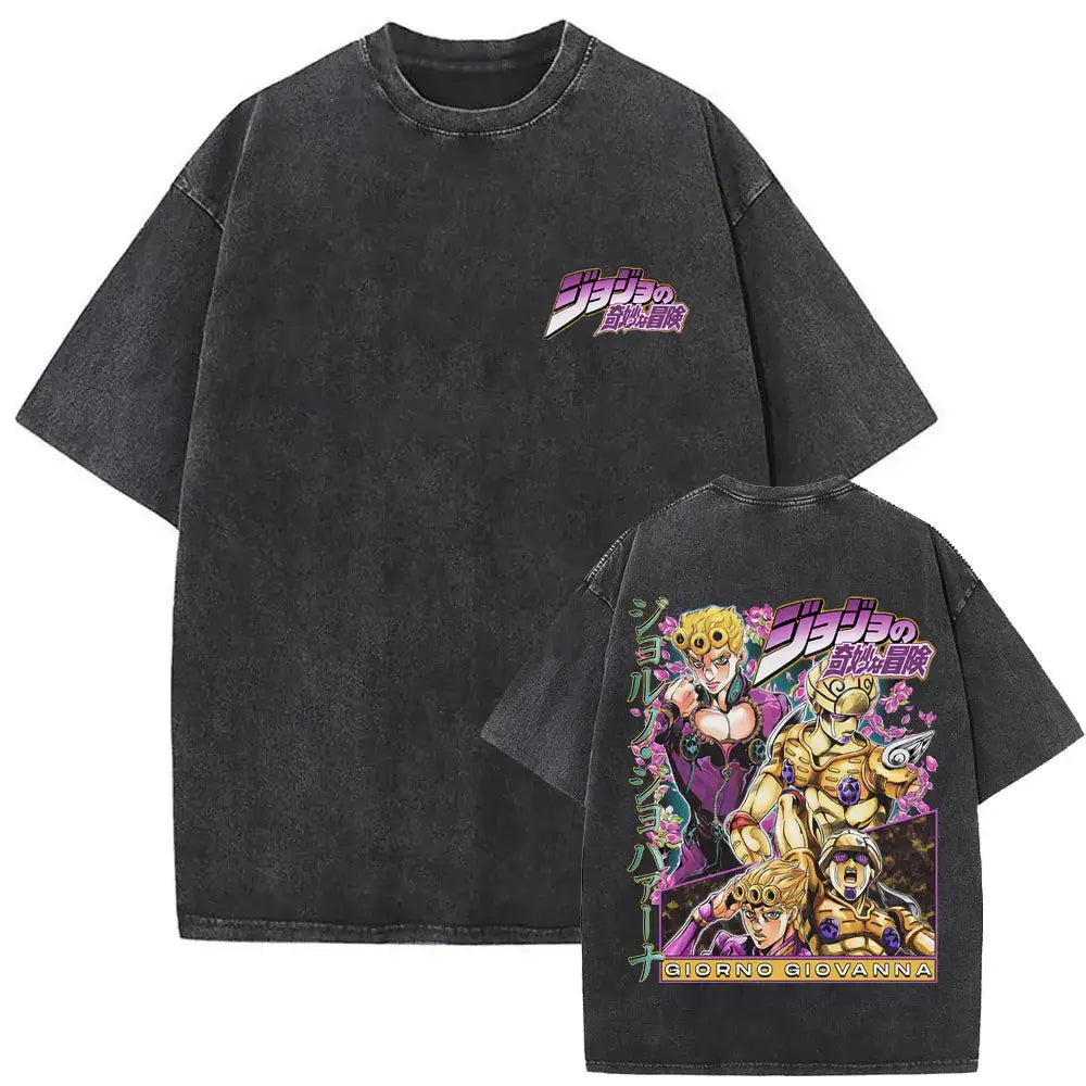 A washed Jojo Bizarre Adventure Vintage T-shirt featuring high-quality manga prints of Jotaro Kujo, Dio, and Giorno for men and women.