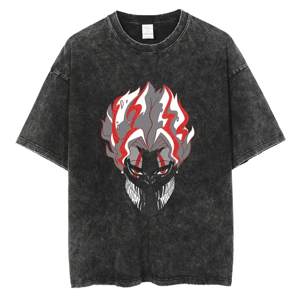 An oversized Anime Dandadan Ken Takakura T-shirt with a washed vintage print of Okarun for men.