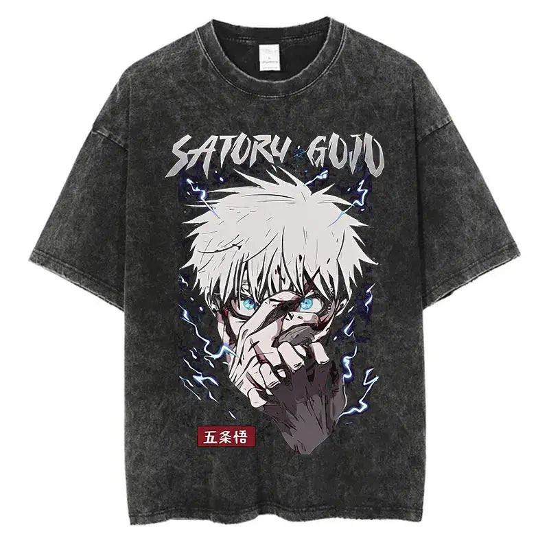 A vintage-style Anime Washed T-shirt made of 100% cotton, featuring an oversized Harajuku streetwear fit for men and women.