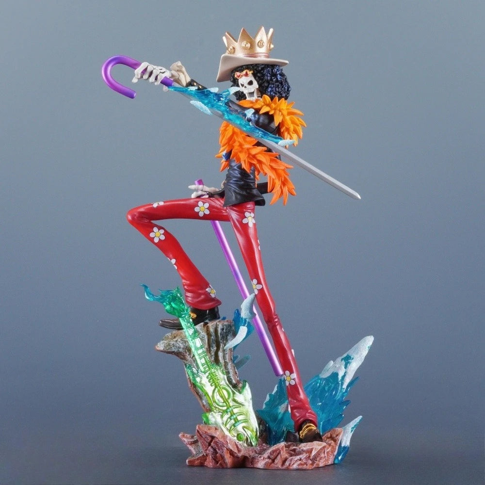 A high-quality 33cm One Piece Brook Figure made of PVC, featuring the Soul King in a dynamic pose for anime desktop decoration.
