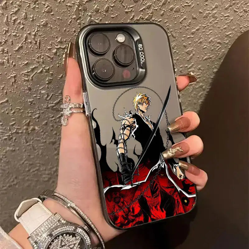 A shockproof Bleach Anime Phone Case featuring Ichigo Kurosaki and Rukia Kuchiki anime art, compatible with Apple iPhone 16e, 16, 15, and 14 Pro Max.