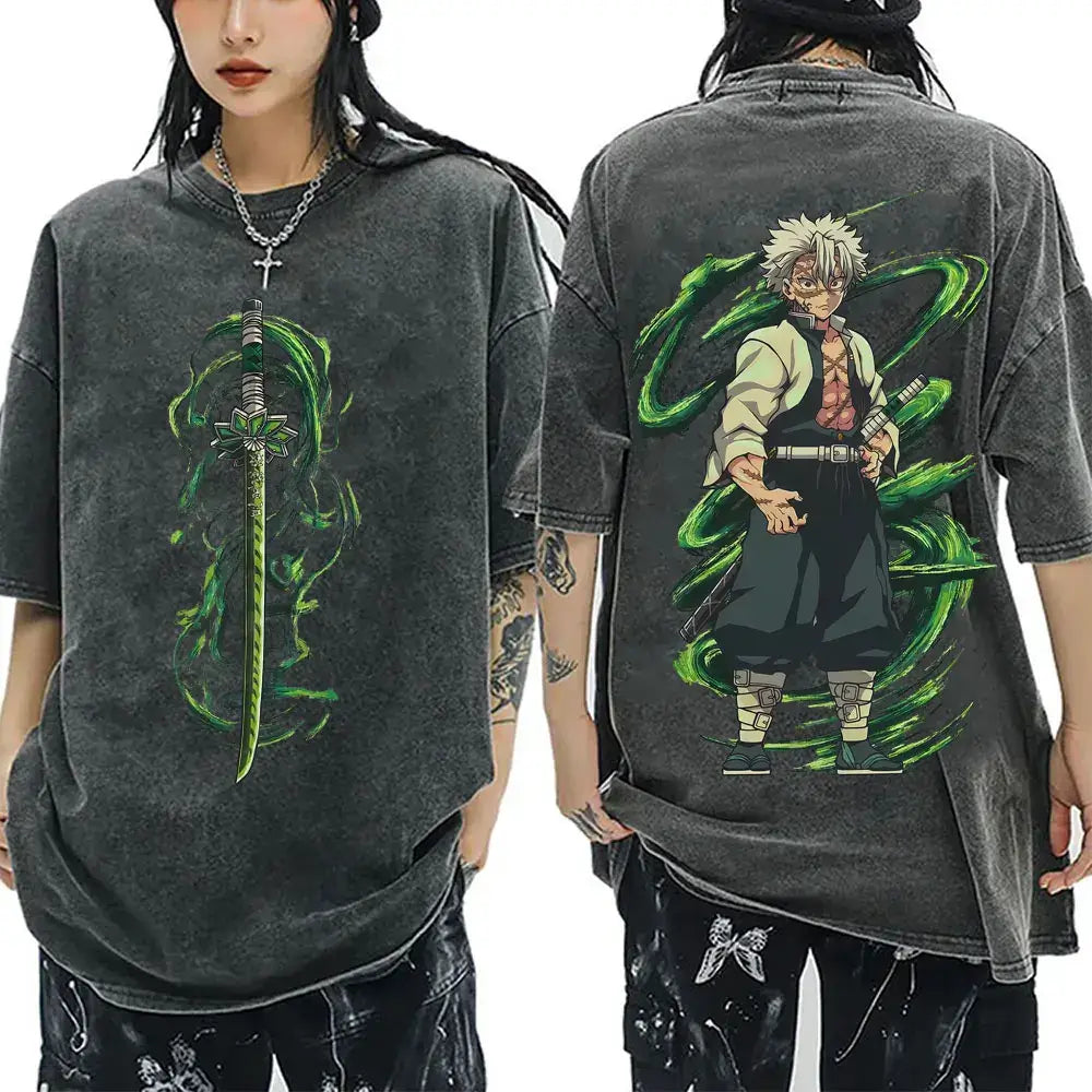 A vintage washed Demon Slayer Serpent Hashira Iguro Obanai T Shirt in a casual, oversized style for men and women.
