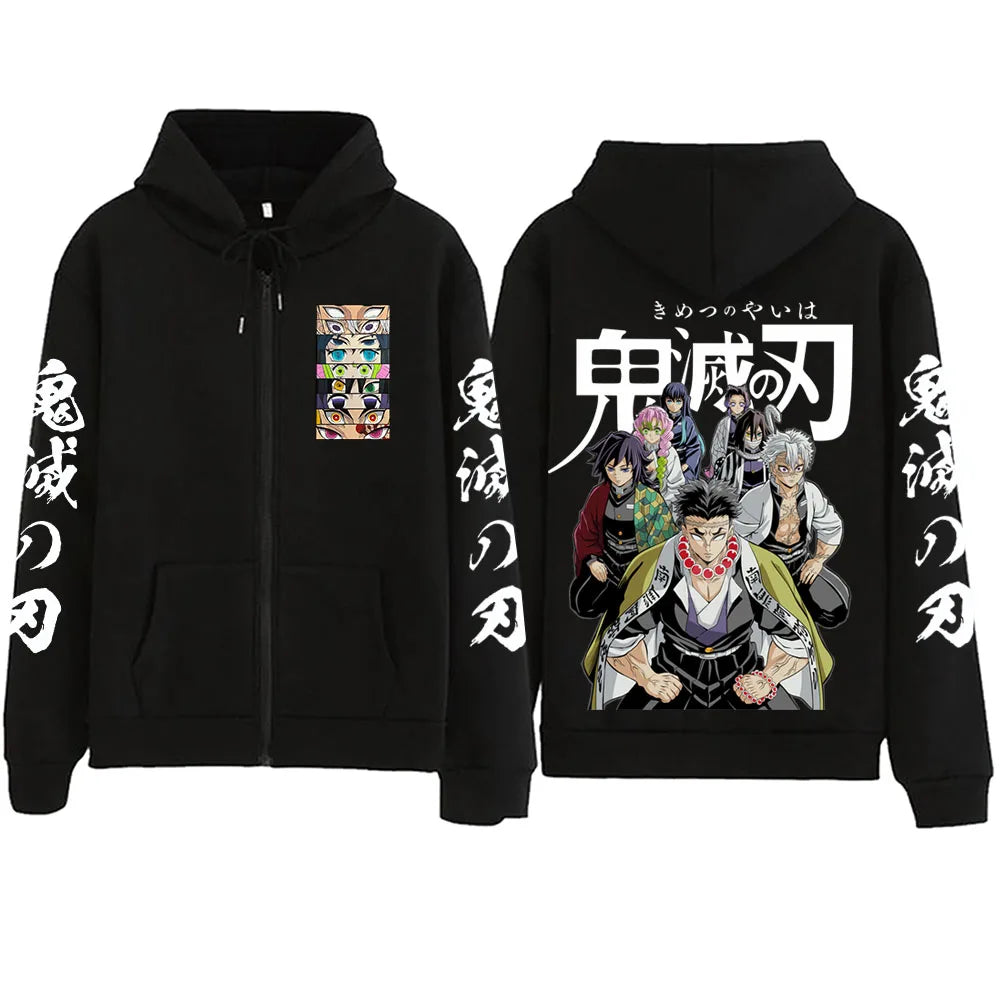 The 2025 Anime Demon Slayer Zipper Hoodie in a Harajuku streetwear pullover sweatshirt style.