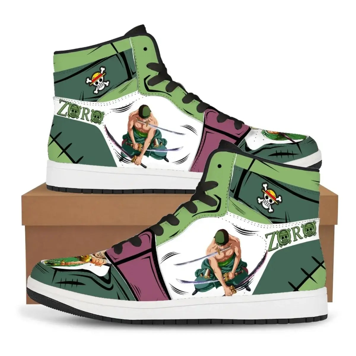 A pair of custom One Piece Basketball Shoes featuring anime designs of Luffy and Zoro, suitable as unisex sneakers.