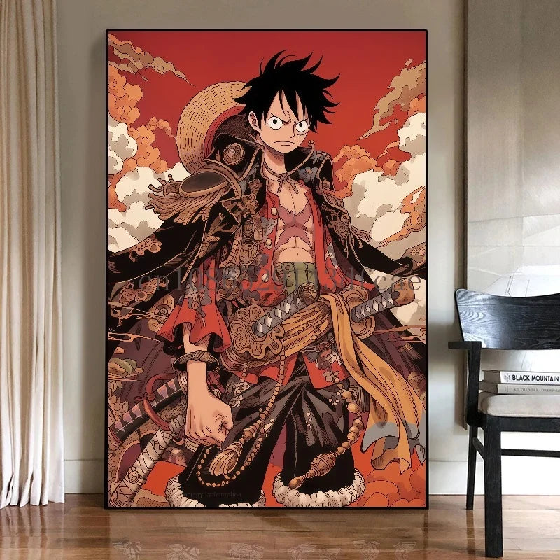 A high-quality One Piece Canvas Print featuring classic Japanese anime characters like Luffy, designed as unframed wall art for living room decoration.