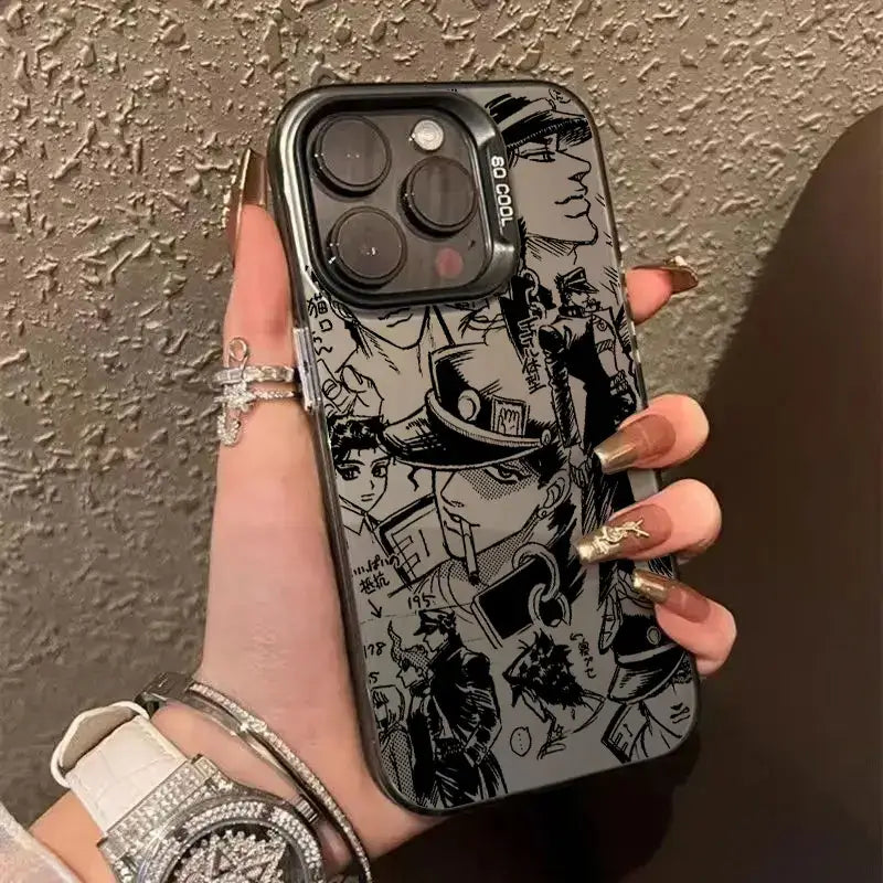 A shockproof JoJo's Bizarre Adventure Phone Case featuring colorful anime art of Jotaro and Dio, compatible with Apple iPhone 16e, 16, 15, and 14 Pro Max.